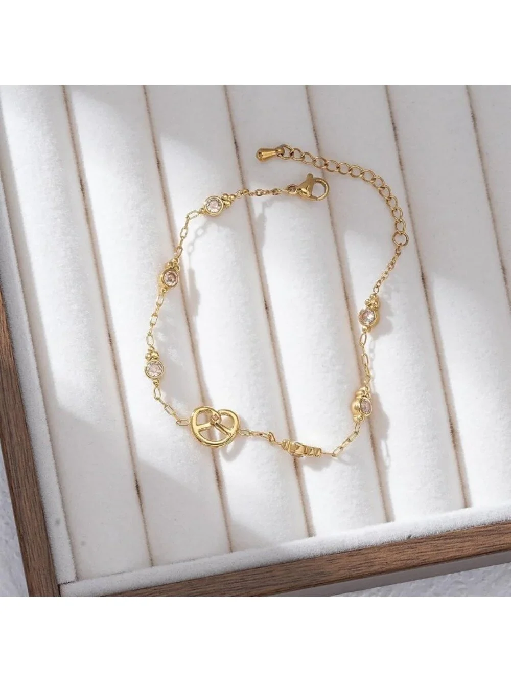 Dainty 18K Gold Plated Pretzel Charm CZ Bracelet - Eternal Love Wedding Gift for